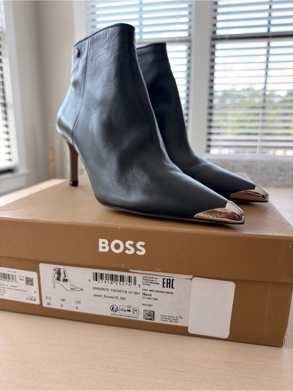 Boss Janet Black Leather Ankle Booties with Silver Toe Caps - Size 9